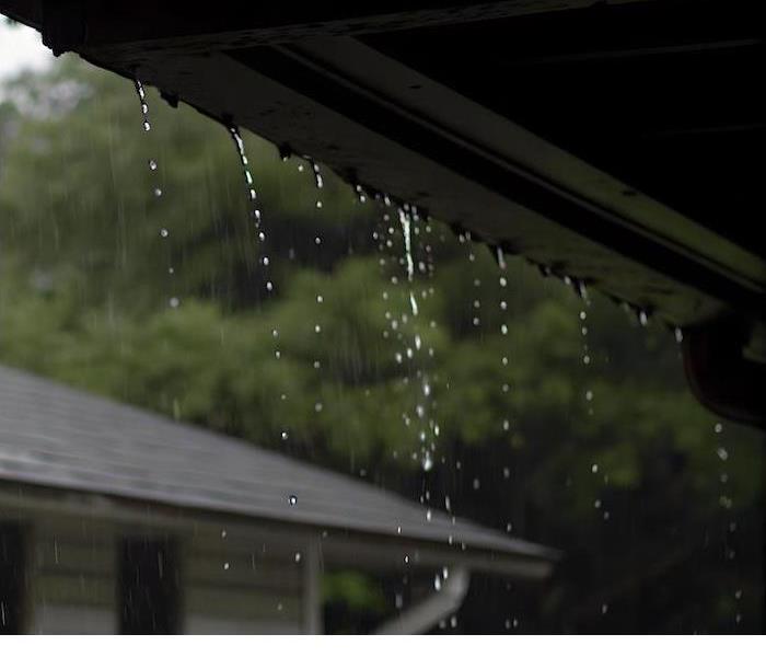 Rainwater drips from the edge of a roof during a rainy day, with a blurred background of trees and a neighboring house.